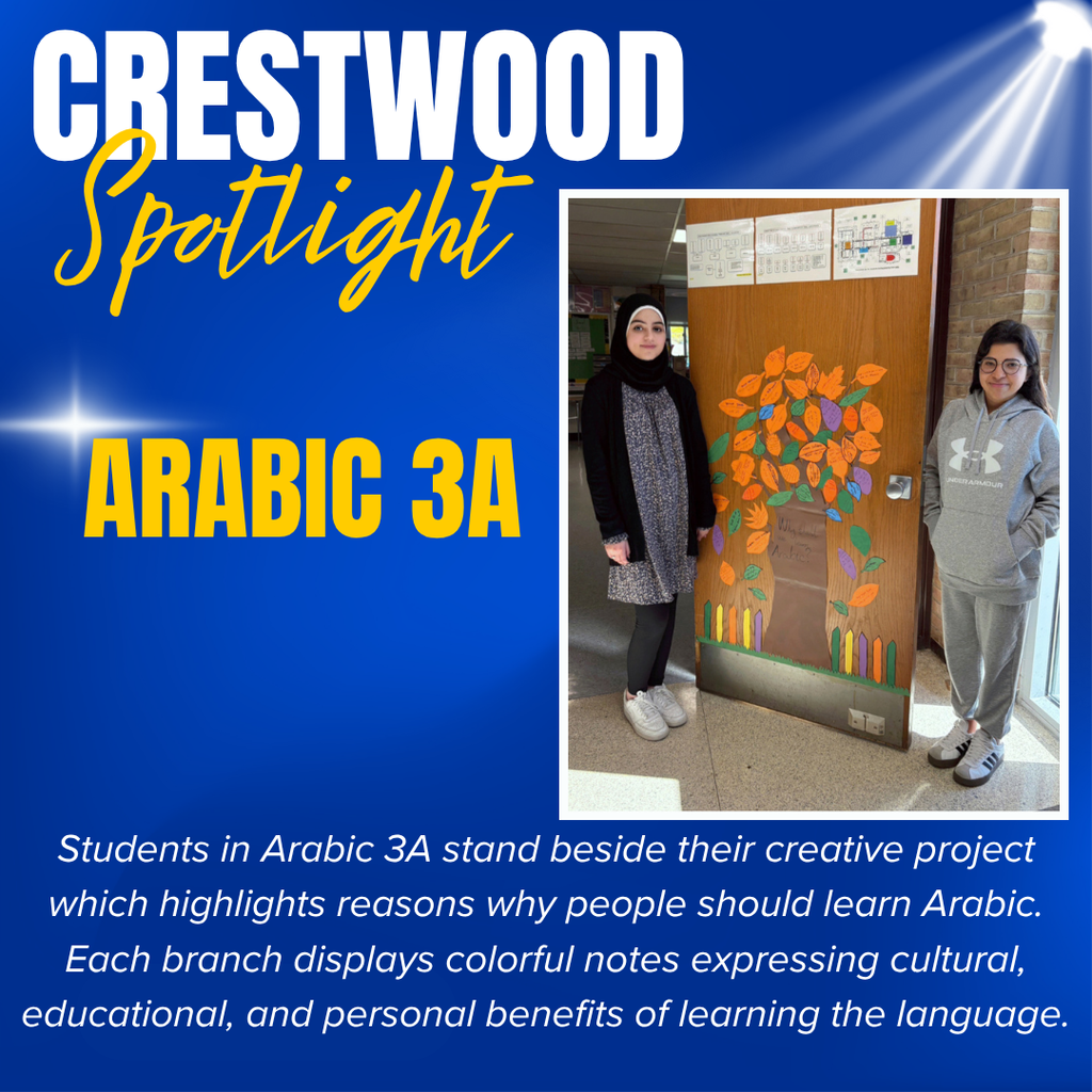 CHS Spotlight!  In the picture, students in Arabic 3A stand beside their creative project which highlights reasons why people should learn Arabic. Each branch displays colorful notes expressing cultural, educational, and personal benefits of learning the language.