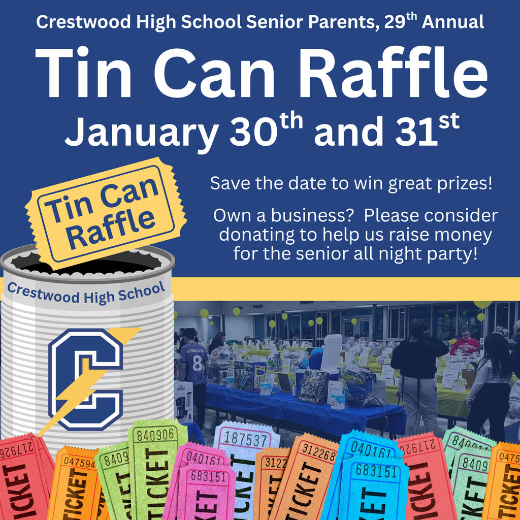 Our Tin Can Raffle is coming up January 30–31, and we’re collecting raffle baskets, gift cards, and monetary donations to support the Senior All Night Party, a fun and safe celebration for our graduating seniors!   Now’s the perfect time to shop those holiday sales for basket items, all prizes big or small are welcome!  Donation deadline: January 16 Drop off at the CHS Main Office Monetary donations via Zelle/Venmo: crestwoodhspta@gmail.com  Local businesses! Your gift cards or prize donations make a huge difference! Thank you for helping us celebrate our amazing seniors!