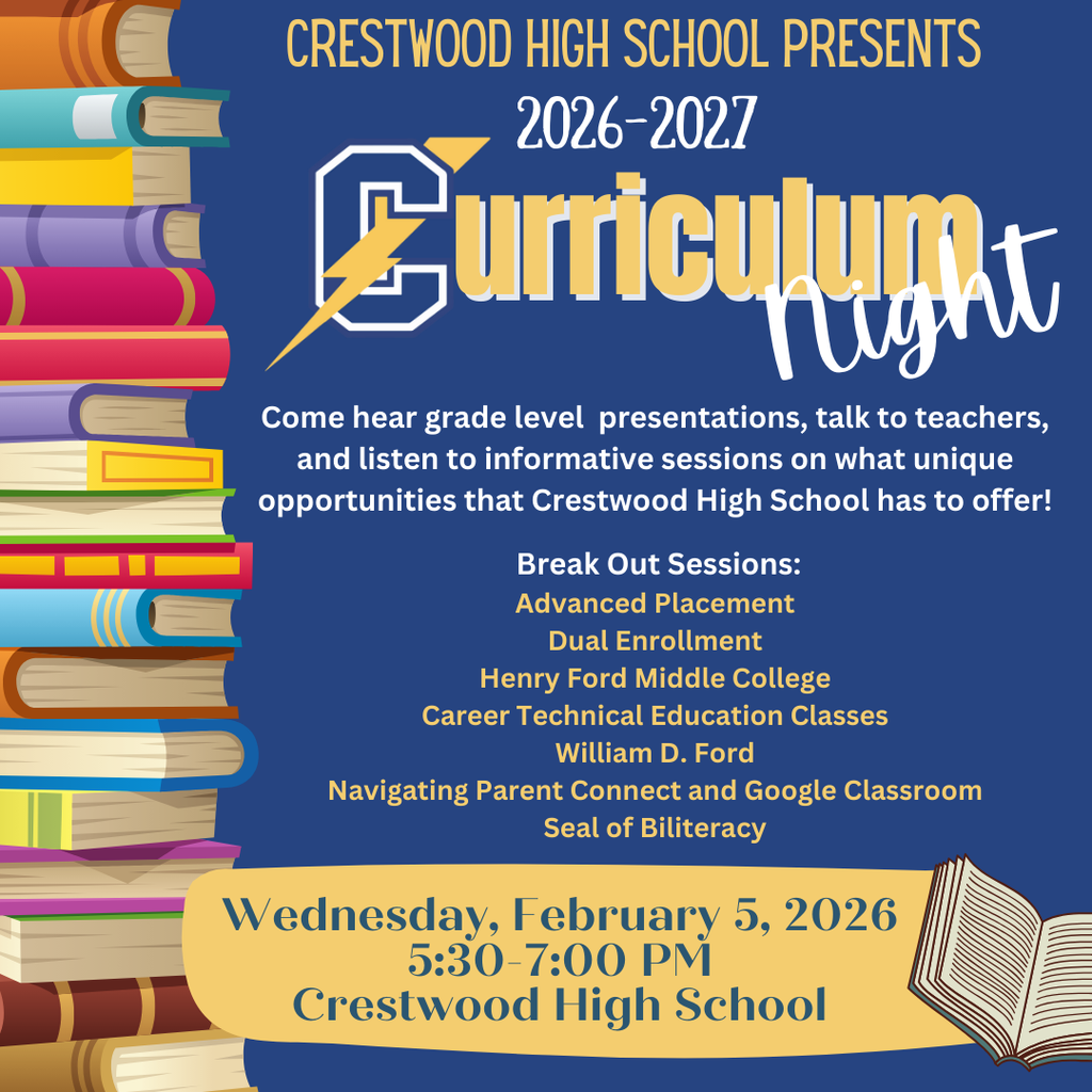 Mark your calendars! Join us Feb. 5 for Curriculum Night as we plan for the 26–27 school year. Learn about AP, dual enrollment, WD Ford, CTE, and CHS courses. Class of 2026 parents can get FAFSA help, too. Families from the classes of 2027–2030 are welcome! Graphic shown with stack of books.
