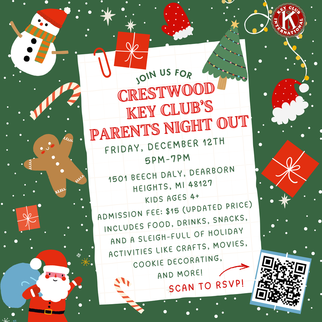 Need time for last-minute holiday prep? CHSKey Club is hosting Parents’ Night Out on 12/12, 5–7 PM at CHS! Drop off kids (ages 4+) for crafts, karaoke, movies, snacks & more. $15/child. Questions? Email mharvey@csdmi.org. Register here: https://tinyurl.com/292p2wup