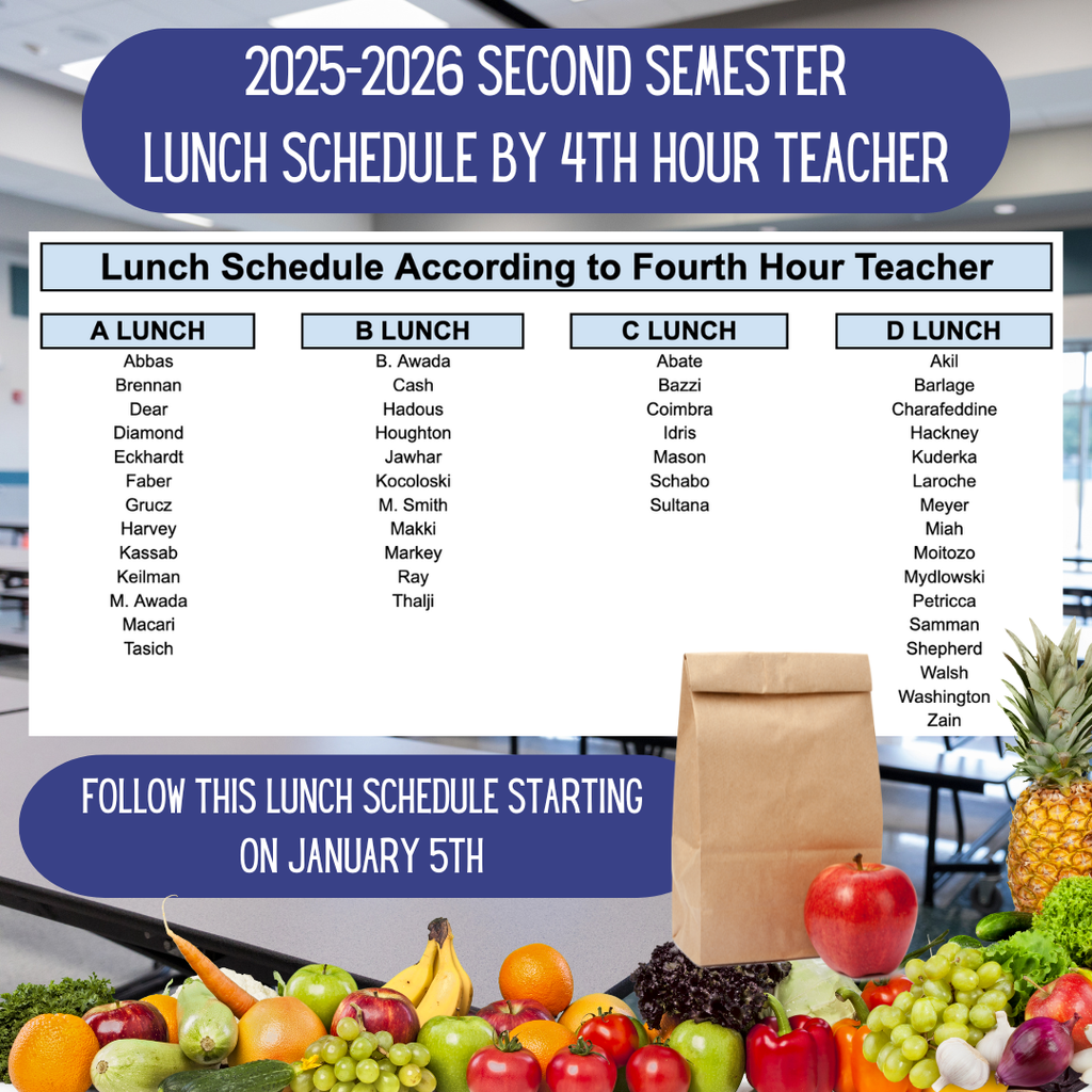 A promotional graphic for the 2025-2026 Second Semester Lunch Schedule by 4th Hour Teacher states that the new schedule begins on January 5th. The center of the image contains a four-column table that assigns teachers to specific lunch periods. A Lunch includes Abbas, Brennan, Dear, Diamond, Eckhardt, Faber, Grucz, Harvey, Kassab, Keilman, M. Awada, Macari, and Tasich. B Lunch consists of B. Awada, Cash, Hadous, Houghton, Jawhar, Kocoloski, M. Smith, Makki, Markey, Ray, and Thalji. C Lunch is assigned to Abate, Bazzi, Coimbra, Idris, Mason, Schabo, and Sultana. D Lunch includes Akil, Barlage, Charafeddine, Hackney, Kuderka, Laroche, Meyer, Miah, Moitozo, Mydlowski, Petricca, Samman, Shepherd, Walsh, Washington, and Zain. The bottom of the flyer features an assortment of fresh produce, such as a pineapple, apples, grapes, and peppers, positioned next to a brown paper lunch bag.