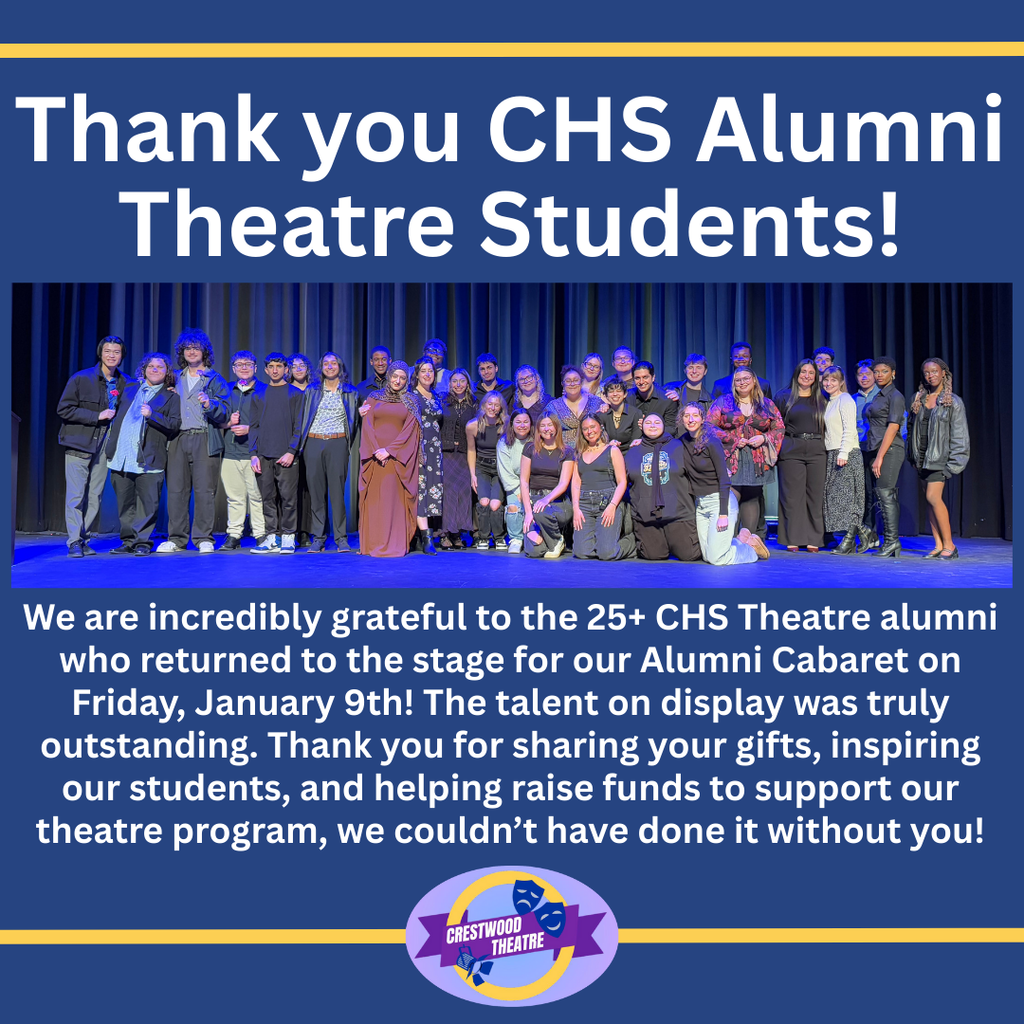 A group photo of over 25 Crestwood High School theatre alumni standing and kneeling on a stage in front of dark blue curtains. The individuals are dressed in a mix of casual and semi-formal attire, smiling at the camera. The photo is centered on a dark blue background with yellow horizontal stripes at the top and bottom. Above the photo, large white text reads, "Thank you CHS Alumni Theatre Students!" Below the photo, a paragraph of white text expresses gratitude to the alumni who performed in the Alumni Cabaret on Friday, January 9th, noting that their participation helped raise funds to support the theatre program. At the bottom center is the Crestwood Theatre logo, which features a purple ribbon and the classic comedy and tragedy masks.