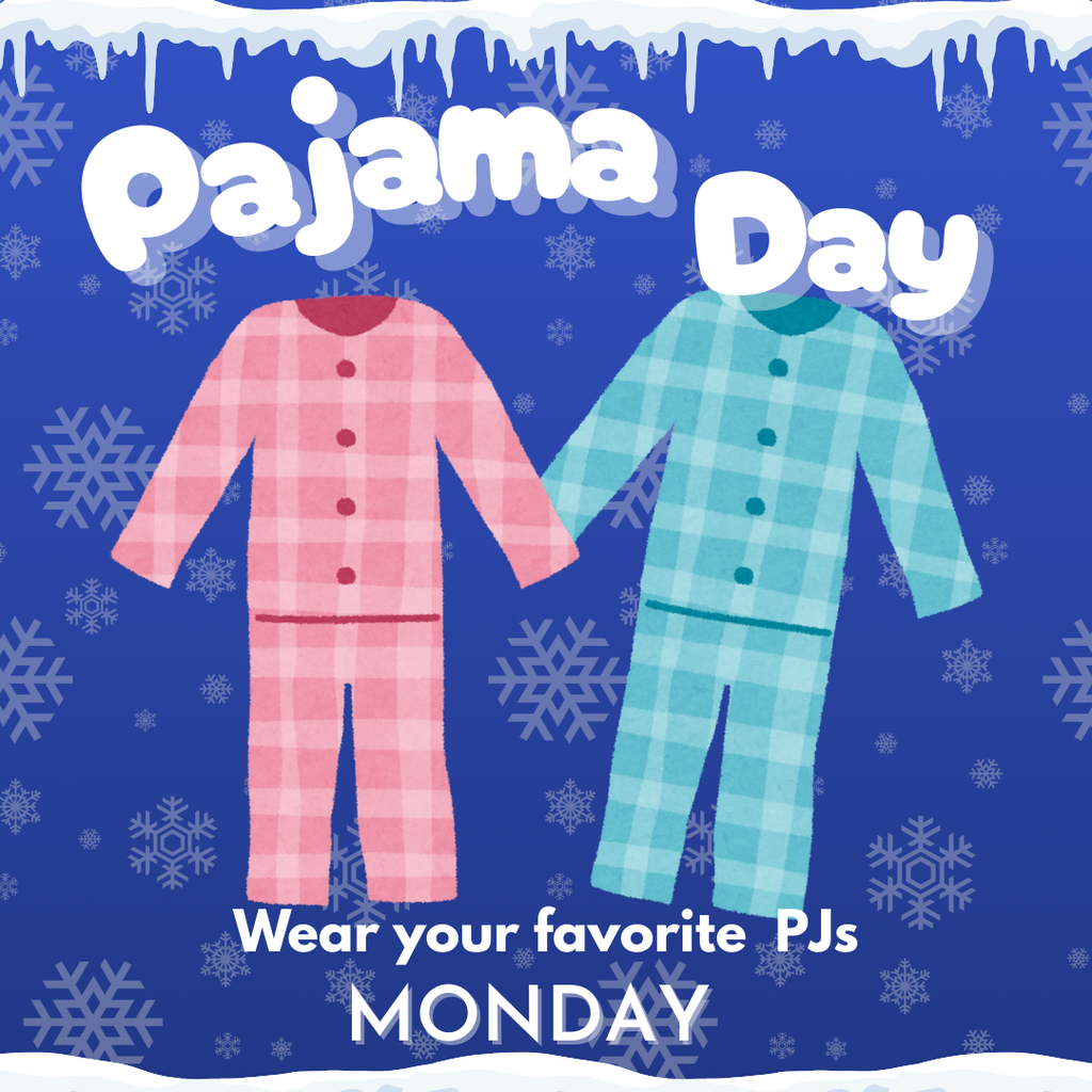 A square graphic for "Pajama Day" featuring a blue background filled with white snowflakes of various sizes and a border of white icicles hanging from the top. In the center, two sets of button-down, plaid pajamas are displayed: one in shades of pink and the other in shades of teal. At the top, the words "Pajama Day" are written in a playful, thick white font. At the bottom, the text "Wear your favorite PJs" is written in a simple white sans-serif font, followed by the word "MONDAY" in larger, bold white capital letters.
