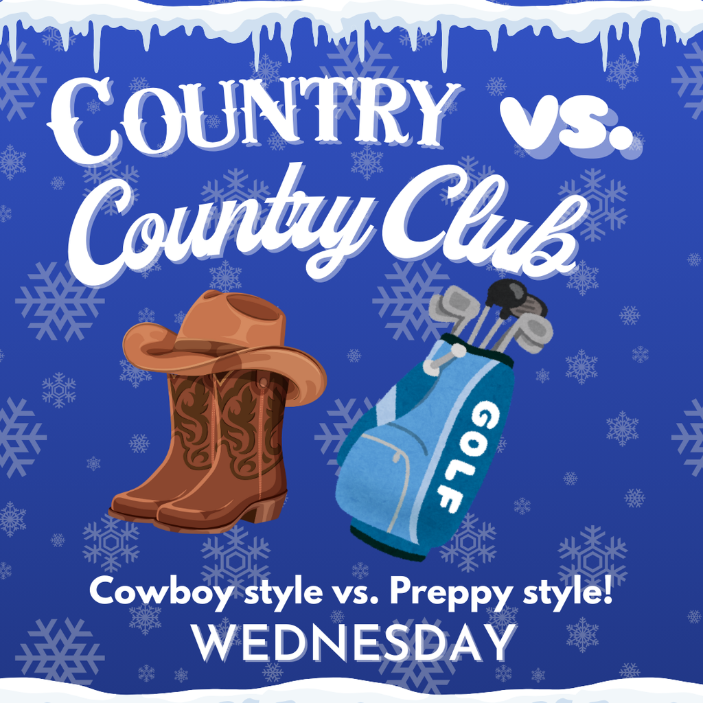 The graphic has a blue winter-themed background with snowflakes and icicles along the top edge. Large white text reads “Country vs. Country Club.” Below the text are two illustrated images: on the left, a pair of brown cowboy boots with a matching cowboy hat representing country style, and on the right, a blue golf bag representing country club or preppy style. Near the bottom, white text reads “Cowboy style vs. Preppy style!” followed by the word “Wednesday,” indicating the spirit day theme and date.