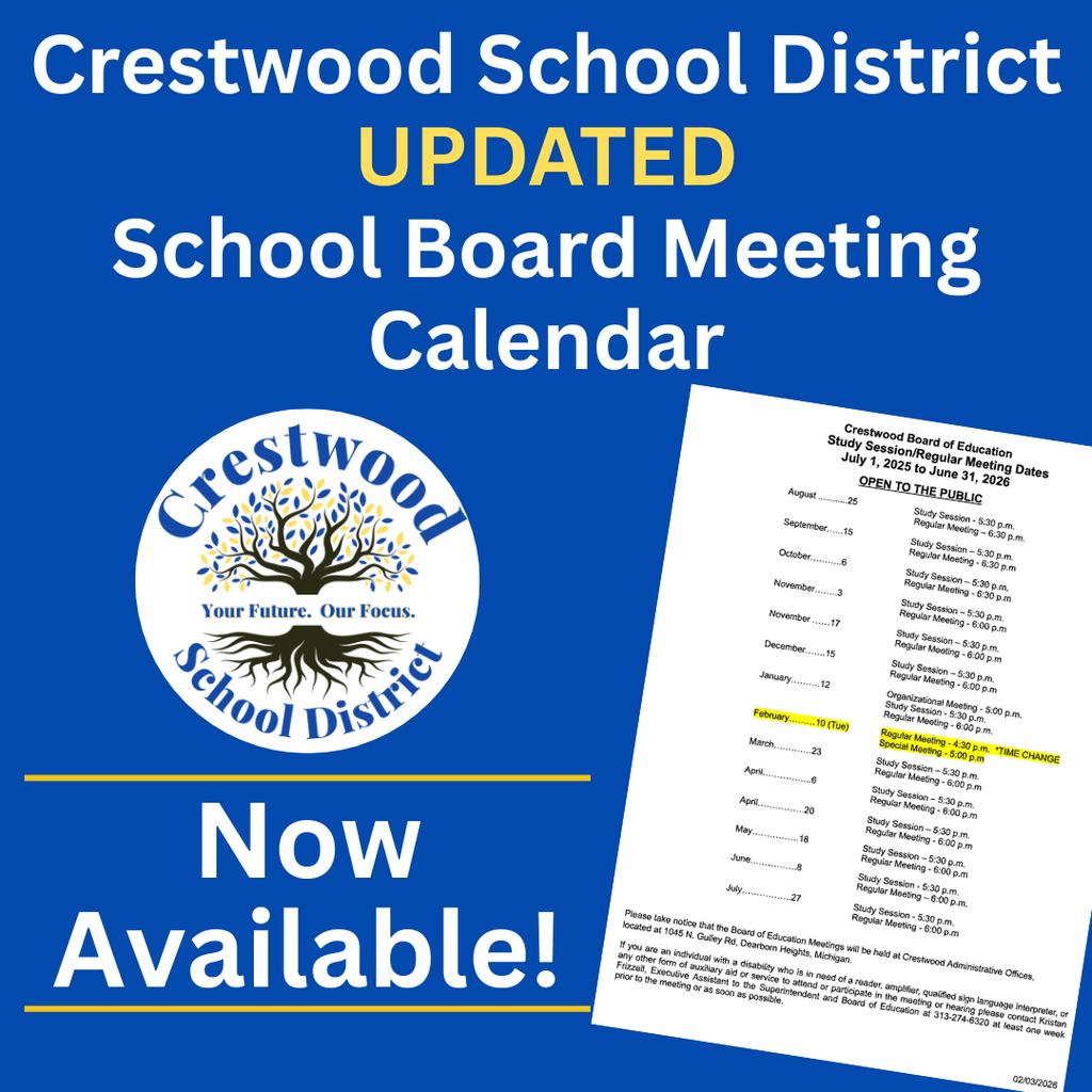 A blue graphic announces an updated Crestwood School District School Board Meeting Calendar. The district name appears at the top with the word “UPDATED” highlighted, followed by “School Board Meeting Calendar.” The Crestwood School District logo is displayed on the left, and on the right is an image of a printed board meeting schedule showing study sessions and regular meeting dates. The text “Now Available!” appears prominently at the bottom, indicating the revised calendar is available to view.