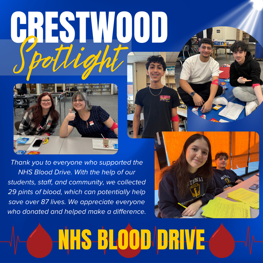 A blue promotional graphic titled “Crestwood Spotlight” features multiple photos highlighting a school blood drive. The word “CRESTWOOD” appears in large white capital letters at the top, with the word “Spotlight” written below it in a yellow script font. The collage includes several photos: two adult women seated at a table smiling, one giving a thumbs-up, both wearing red bandages on their arms; a smiling teenage boy standing indoors wearing a black “Los Angeles” T-shirt with a red bandage on his arm; two teenage boys sitting on the floor together, both wearing red bandages and smiling at the camera; and a teenage girl seated at a table smiling while holding a pencil, with another student sitting behind her. Text on the left side of the graphic reads, “Thank you to everyone who supported the NHS Blood Drive. With the help of our students, staff, and community, we collected 29 pints of blood, which can potentially help save over 87 lives. We appreciate everyone who donated and helped make a difference.” Along the bottom of the graphic, large yellow text reads “NHS BLOOD DRIVE,” accompanied by red blood drop icons and a red heartbeat line graphic running horizontally across the bottom.