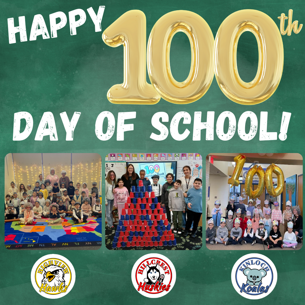 A green chalkboard-style celebration graphic reads “HAPPY 100th DAY OF SCHOOL!” with the number “100” displayed in large gold balloon-style numbers and “th” written in small gold script at the top right of the number. The words “HAPPY” and “DAY OF SCHOOL!” appear in large white chalk-like letters across the top and middle of the graphic. Below the text are three photos showing groups of elementary students and staff celebrating the 100th day of school. The left photo shows a large group of children seated on a colorful classroom rug with a United States map design, with adults standing behind them. The middle photo shows students and staff standing behind a large pyramid stack of red and blue cups. The right photo shows a group of children wearing festive hats and sitting in front of large gold “100” balloons, with staff members standing to the side. Along the bottom of the graphic are three school logos: on the left, a circular logo reading “HIGHVIEW Hawks” with a hawk mascot; in the center, a circular logo reading “HILLCREST Huskies” with a husky mascot; and on the right, a circular logo reading “KINLOCH Koalas” with a koala mascot.
