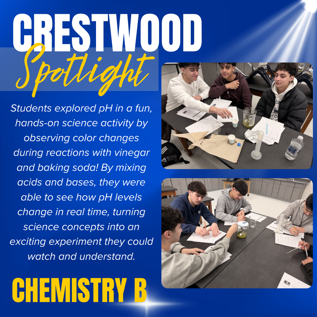 A blue school spotlight graphic titled “CRESTWOOD Spotlight” highlights a science activity in “CHEMISTRY B.” The word “CRESTWOOD” appears in large white capital letters at the top left, with the word “Spotlight” written below in yellow script font. On the left side, white paragraph text reads, “Students explored pH in a fun, hands-on science activity by observing color changes during reactions with vinegar and baking soda! By mixing acids and bases, they were able to see how pH levels change in real time, turning science concepts into an exciting experiment they could watch and understand.” On the right side are two photos of students working at lab tables. In the top photo, three students sit at a table with papers, small cups, a beaker containing a yellow-green liquid, paper towels, and a graduated cylinder, while one student points toward the materials. In the bottom photo, several students sit around a lab table writing on worksheets and observing a beaker with liquid as part of the experiment. At the bottom left of the graphic, large yellow capital letters read “CHEMISTRY B,” and the design includes light flare accents on the blue background.