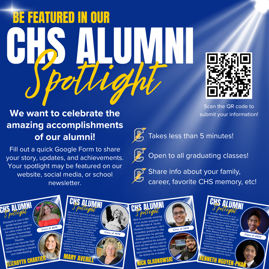 A blue promotional graphic reads “BE FEATURED IN OUR CHS ALUMNI Spotlight,” with “CHS ALUMNI” in large white capital letters and “Spotlight” in yellow script. Below, white text says, “We want to celebrate the amazing accomplishments of our alumni! Fill out a quick Google Form to share your story, updates, and achievements. Your spotlight may be featured on our website, social media, or school newsletter.” On the right side is a QR code with the text, “Scan the QR code to submit your information!” Next to it are three bullet-style highlights with a lightning bolt “C” icon: “Takes less than 5 minutes!” “Open to all graduating classes!” and “Share info about your family, career, favorite CHS memory, etc!” Along the bottom are sample alumni spotlight cards featuring photos and names including “ELIZABYTH CHARTIER,” “MARY AVERILL,” “NICK GLADKOWSKI,” and “KENNETH NGUYEN-PHAN,” each labeled with their class year. The background includes light beam effects in the top right corner.