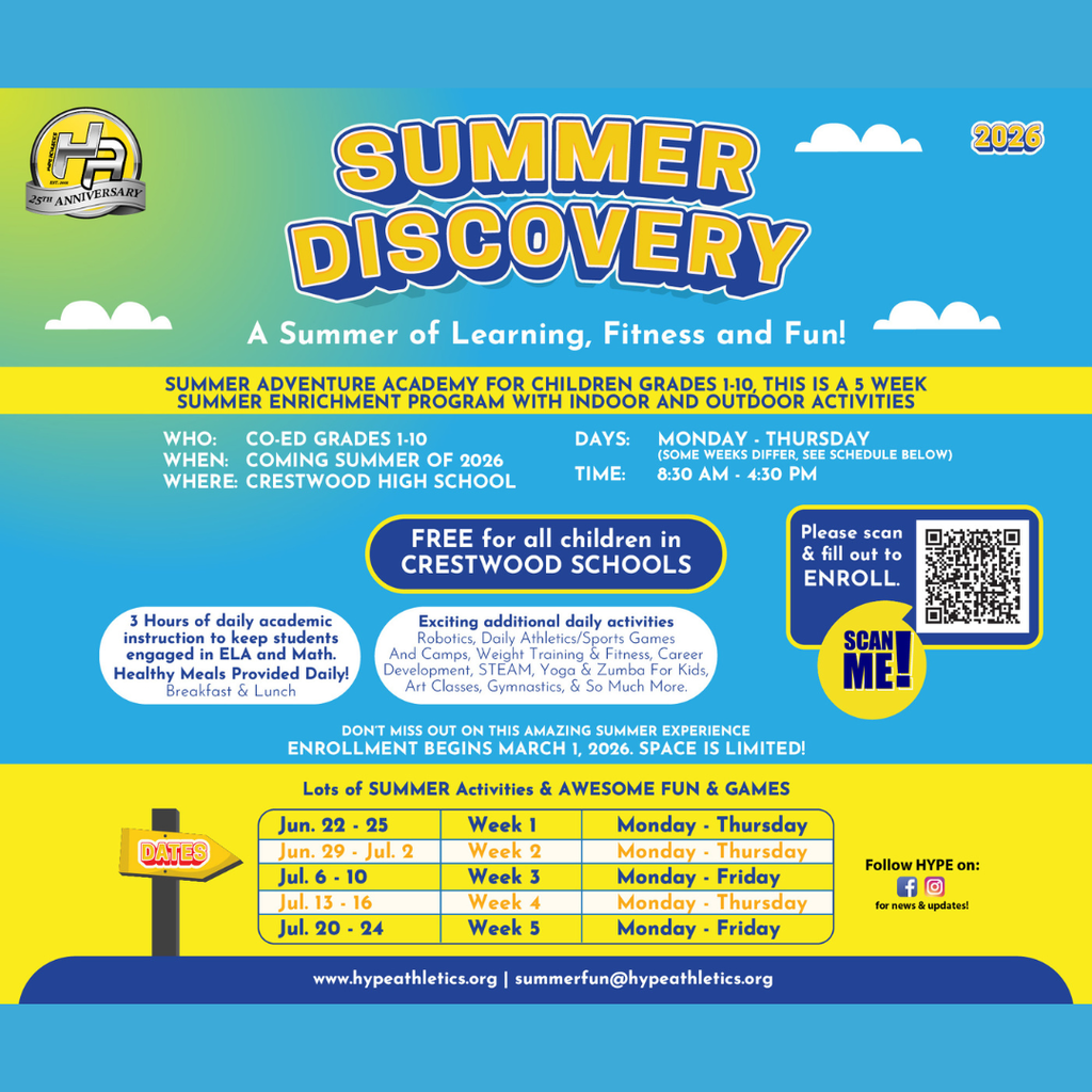 A colorful flyer titled “SUMMER DISCOVERY 2026 – A Summer of Learning, Fitness and Fun!” featuring the HYPE 25th Anniversary logo. It promotes a Summer Adventure Academy for children in grades 1–10, a 5-week summer enrichment program with indoor and outdoor activities held at Crestwood High School. The program runs Monday–Thursday (some weeks vary) from 8:30 AM–4:30 PM and is free for all children in Crestwood Schools. The flyer highlights 3 hours of daily academic instruction in ELA and Math, healthy meals provided daily (breakfast and lunch), and additional activities including robotics, athletics/sports games, camps, weight training and fitness, career development, STEAM, yoga and Zumba for kids, art classes, gymnastics, and more. Enrollment begins March 1, 2026, and space is limited. A QR code is included to enroll. Listed weekly dates are: Week 1 (June 22–25, Monday–Thursday), Week 2 (June 29–July 2, Monday–Thursday), Week 3 (July 6–10, Monday–Friday), Week 4 (July 13–16, Monday–Thursday), and Week 5 (July 20–24, Monday–Friday). The bottom includes the website www.hypeathletics.org  and email summerfun@hypeathletics.org , along with social media icons for updates.