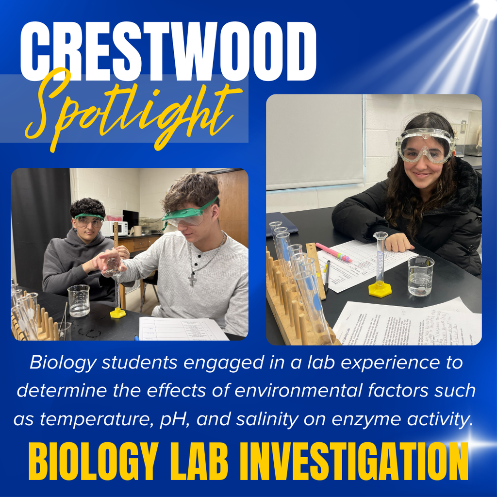 A blue “CRESTWOOD Spotlight” graphic highlighting a “BIOLOGY LAB INVESTIGATION.” At the top, large white text reads “CRESTWOOD” with “Spotlight” in yellow script. Two photos show high school students wearing safety goggles while conducting a lab experiment at classroom lab tables. In one photo, two students measure liquid in a graduated cylinder and beaker, with test tubes in a rack nearby. In the other, a student smiles at the camera while seated beside lab materials including test tubes, a graduated cylinder, a beaker of water, and a worksheet. White text explains that biology students engaged in a lab experience to determine the effects of environmental factors such as temperature, pH, and salinity on enzyme activity. Bold yellow text at the bottom reads “BIOLOGY LAB INVESTIGATION.”