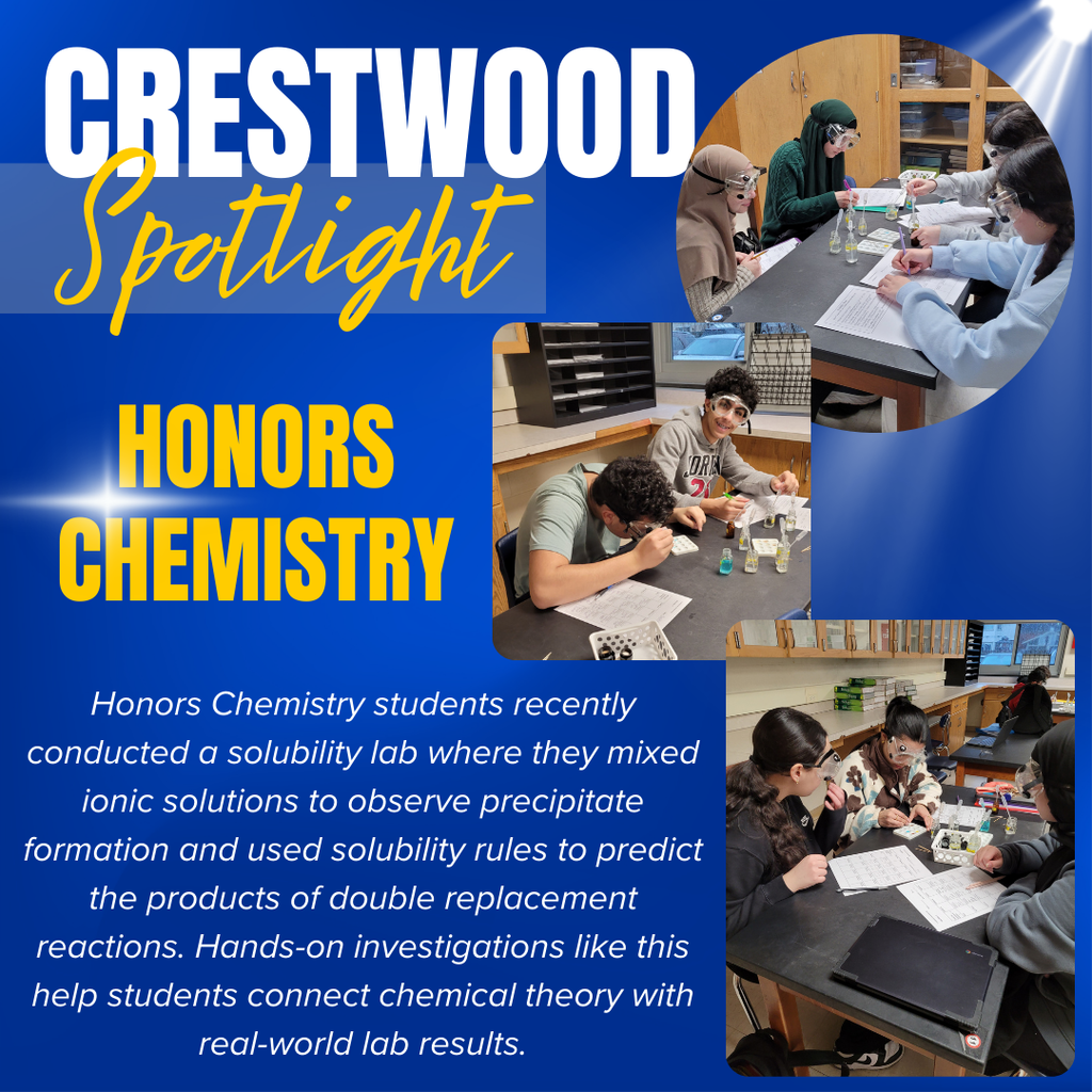 A blue “Crestwood Spotlight” graphic highlighting Honors Chemistry students working in a science lab. The images show students wearing safety goggles and conducting experiments at lab tables with test tubes and small containers of chemicals.  The caption explains that Honors Chemistry students recently conducted a solubility lab, mixing ionic solutions to observe precipitate formation and using solubility rules to predict the products of double replacement reactions. The activity helped students connect chemical theory with real-world laboratory results through hands-on investigation.
