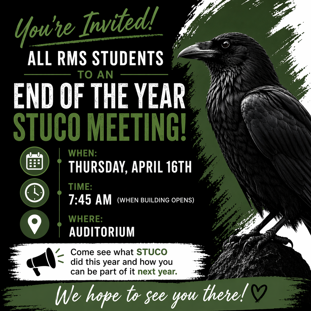 All RMS students are invited to our End of the Year Student Council Meeting this Thursday at 7:45 AM in the auditorium Come see what Student Council did this year and how you can be part of it next year.