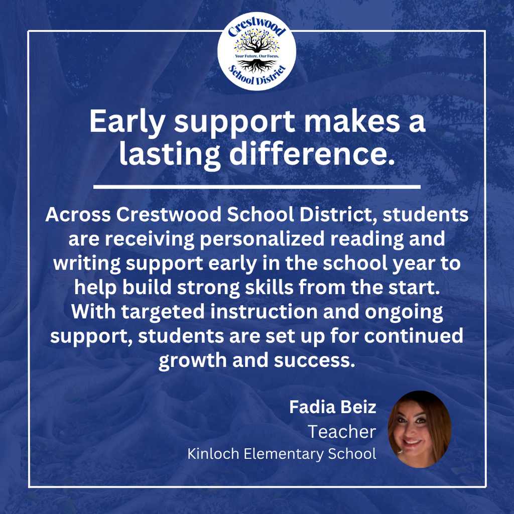 A blue graphic with the Crestwood School District logo at the top and a message emphasizing the importance of early support in student learning. The text explains that students across the district are receiving personalized reading and writing support early in the school year to help build strong foundational skills, noting that targeted instruction and ongoing support set students up for continued growth and success. The quote is attributed to Fadia Beiz, a teacher at Kinloch Elementary School, with her headshot shown in the bottom corner.