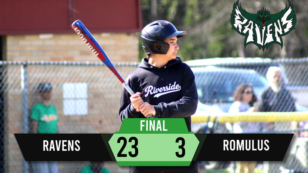 Player holding a bat stands in front of a fence. Score "Ravens 23, Romulus 3" is displayed.