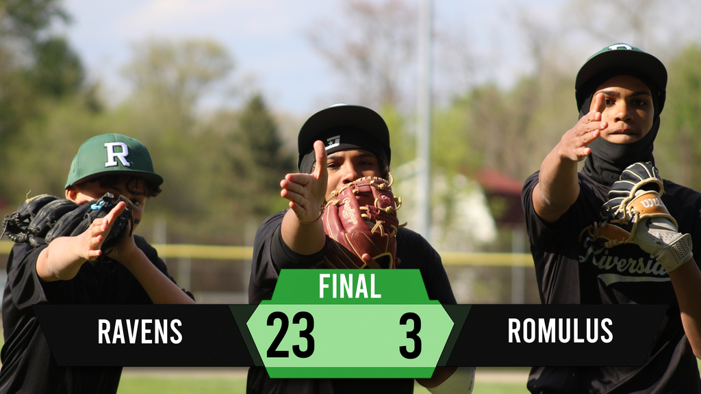 Three baseball players on a field. One wearing green, one black, one red. Scores: Ravens 23, Romulus 3.