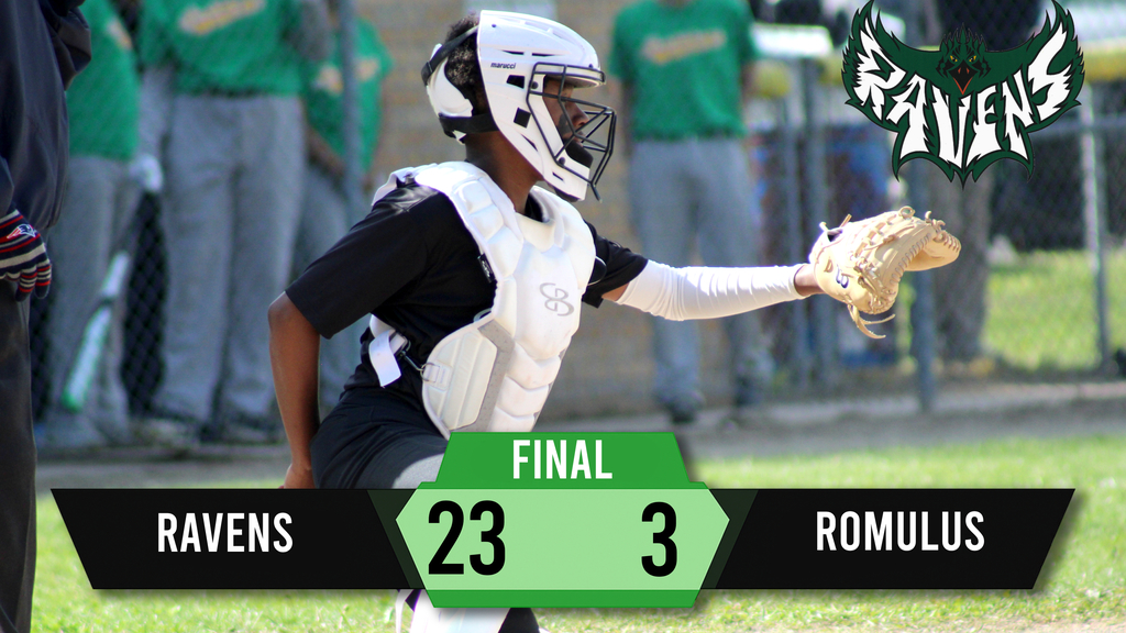 Player in black, white, and green gear catching ball. Green background shows team name and final score.
