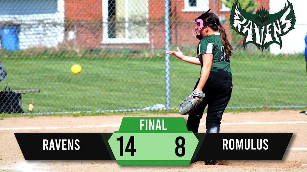 A softball game in progress; one team is labeled Ravens, the other Romulus. Score: Ravens 14, Romulus 8.