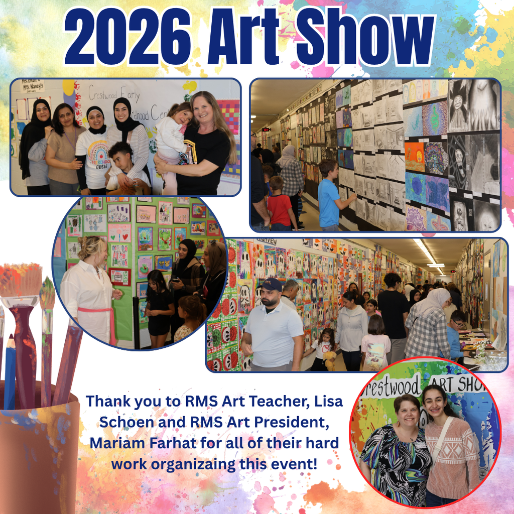 A colorful promotional graphic titled “2026 Art Show” appears at the top in very large dark blue letters with white outlines against a watercolor-style background splashed with pastel paint colors including pink, blue, yellow, and green. The poster contains several photographs from a school art show event arranged in rounded rectangular and circular frames with blue or red borders. On the left side of the poster near the bottom are illustrated paintbrushes standing upright in a cup with watercolor paint splashes around them.  The upper left photograph shows five women and one young child standing together smiling inside a classroom. Behind them is a bulletin board with the words “Crestwood Early Childhood Center.” One woman is holding a small child. The group appears happy and posed for the picture.  The upper right photograph shows a long hallway filled with student artwork displayed on black backing paper along both walls. Many pieces are pencil drawings and colorful abstract works. Several children and adults walk through the hallway viewing the artwork.  A circular photo in the middle left shows a blonde woman in a white outfit speaking with two women and several children while looking at colorful student artwork displayed on a green wall behind them. The artwork includes brightly colored drawings and paintings arranged in rows.  The large rectangular photograph in the lower middle shows a crowded school hallway lined floor to ceiling with colorful student artwork. Families, children, and adults are walking through the hallway looking at the displays. Some children are seated at a table on the right side working on activities.  Near the bottom right corner is a circular photo bordered in red showing two smiling women standing in front of a colorful backdrop that reads “Crestwood ART SHOW.”