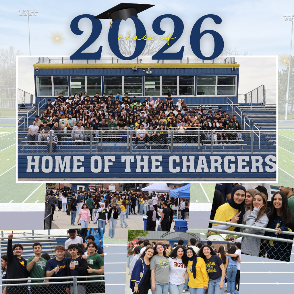 A large celebratory graphic for the graduating “Class of 2026” features a blue and gold school spirit theme. At the top center, the text “2026” appears in very large dark blue numbers with the words “class of” written in yellow cursive across the middle of the numbers. A black graduation cap sits tilted on top of the numbers. The background shows a football field and stadium under a pale sky with stadium lights visible on both sides. The main central photograph shows a very large group of high school students gathered together sitting and standing on blue stadium bleachers in front of a press box building. The bleachers display large white block letters reading “HOME OF THE CHARGERS.” Students are smiling, posing, and grouped closely together for a class photo. The press box behind them is blue with large windows and yellow trim. Several smaller candid photographs are layered along the bottom half of the graphic. One rectangular photo on the left shows a crowded outdoor gathering area with many students walking, talking, and socializing near tents and tables. Students wear casual clothing in school colors including blue, green, yellow, and white. Another photo at the lower left shows a group of smiling male students standing behind a metal railing at the stadium. Some wear green or navy shirts with college or school logos, and several students give thumbs-up gestures toward the camera. A large photo near the bottom center shows five smiling female students standing together arm in arm outdoors. Their shirts include logos and text such as “BGSU” and “Michigan Football.” The students wear casual clothing in school colors including yellow, navy, gray, and white. On the right side, a vertical photo shows four smiling female students standing together beside a stadium railing. One student wearing a yellow and navy top gives a peace sign toward the camera while the others smile closely together. The overall design combines school spirit, graduation celebration, and student community with layered photo collage styling over the stadium background.