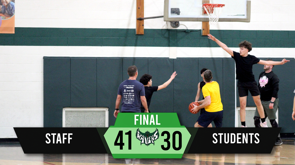 Five people play basketball indoors; a scoreboard shows "Staff 41, Students 30." The court has green and white walls.