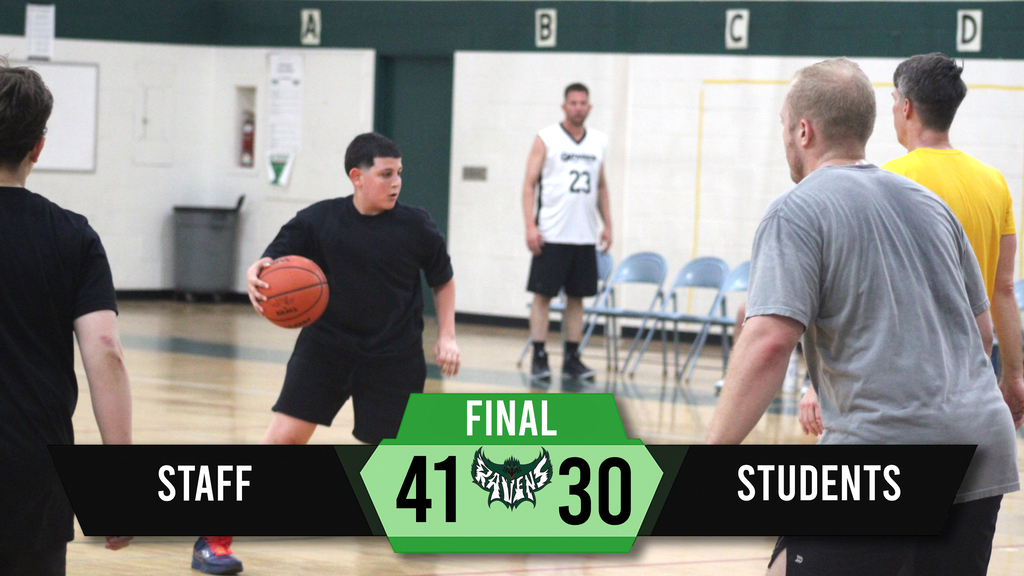 Basketball game with players on a court. A man dribbles the ball. A scoreboard shows final score: Staff 41, Students 30.