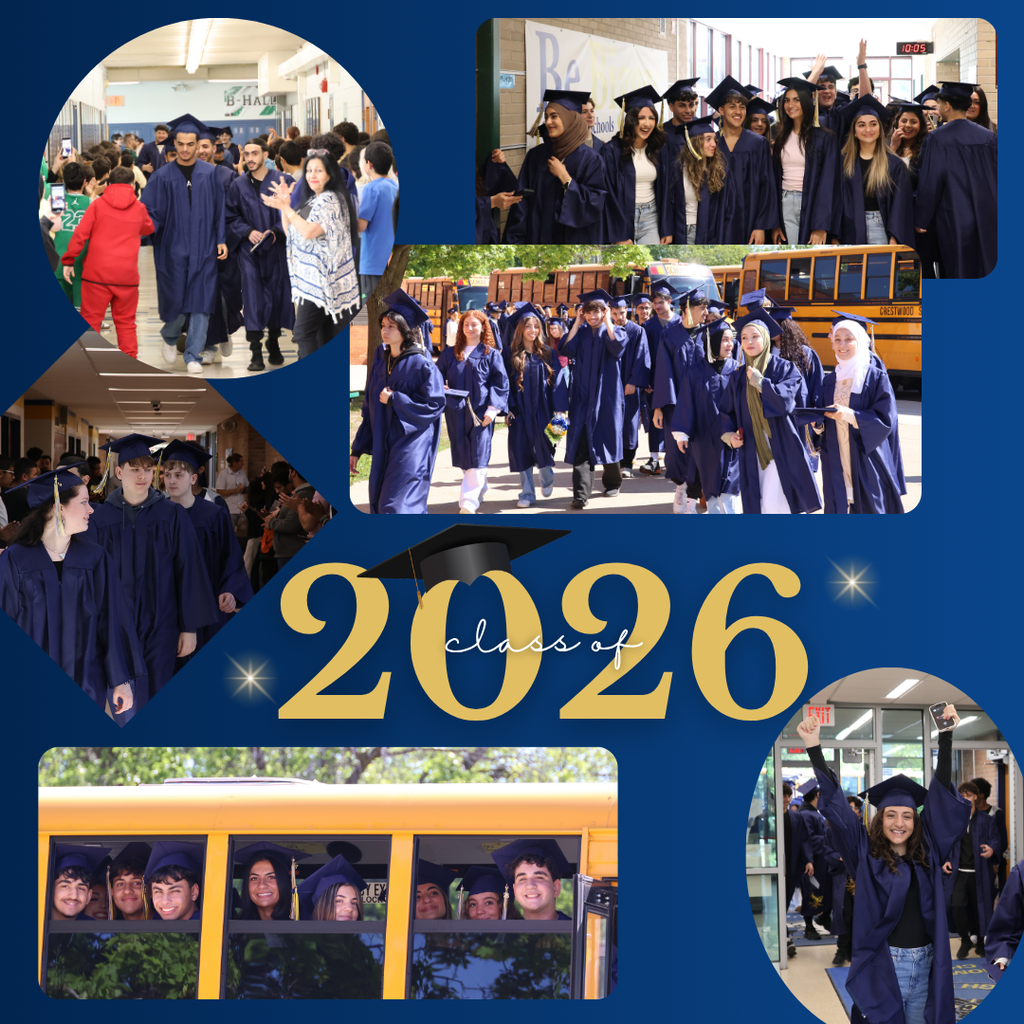 A celebratory graduation collage graphic for the “Class of 2026” features a dark blue background with gold accents and multiple photographs of graduating students wearing navy blue graduation gowns and caps. In the center of the graphic, large gold numbers read “2026,” with the words “class of” written in white cursive across the middle. A black graduation cap sits tilted on top of the numbers. Small gold sparkle graphics appear around the design.  The collage contains several rounded and angled photographs showing graduates participating in school graduation walk activities. In the upper left circular photo, graduates in navy caps and gowns walk through a school hallway lined with students and staff clapping and cheering on both sides. A woman in a patterned blouse claps as students pass by.  In the upper right rectangular photo, a large group of smiling graduates gather together in a hallway wearing navy caps and gowns. Some students wave and raise their hands while others smile toward the camera. A digital clock in the background reads “10:05.”  In the middle right rectangular photo, graduates walk outdoors in caps and gowns near yellow school buses on a sunny day. Students smile, talk, and walk together while carrying flowers and graduation items.  On the left middle angled photograph, graduates walk through another hallway while students and adults line the sides applauding. Two graduates in the foreground look toward each other while walking.  At the bottom left rectangular photo, several smiling graduates lean out of the windows of a yellow school bus while wearing graduation caps and gowns. Trees and reflections appear in the bus windows.  In the lower right circular photo, a smiling graduate in a navy gown raises both arms in celebration while walking through a school entrance area. Other graduates are visible behind her.  The overall design emphasizes celebration, school pride, and graduation traditions through a collage of candid student moments during graduation walk events.
