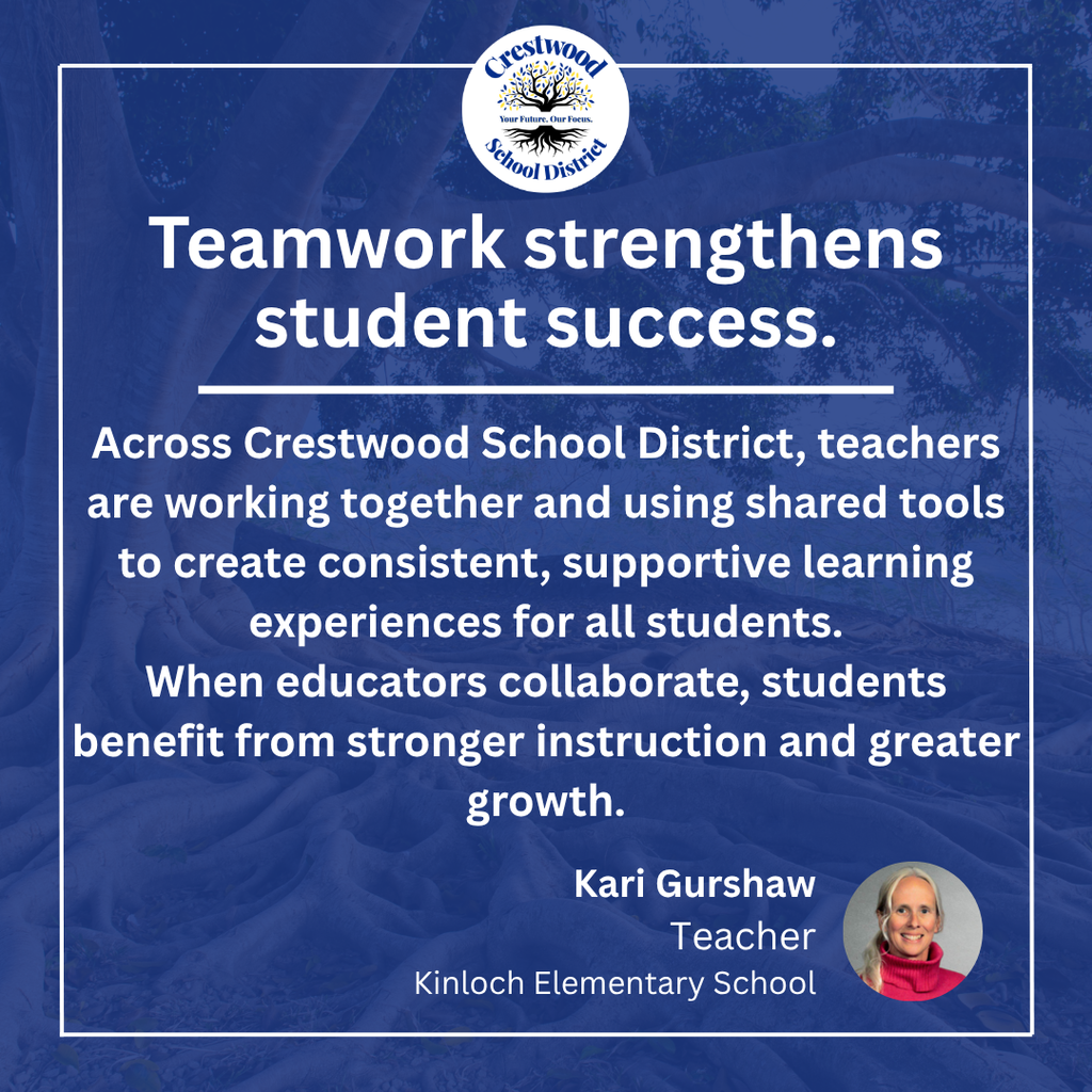 A blue graphic with the Crestwood School District logo at the top and a message about the importance of teamwork in student success. The text explains that teachers across the district are collaborating and using shared tools to create consistent, supportive learning experiences for all students, noting that when educators work together, students benefit from stronger instruction and greater growth. The quote is attributed to Kari Gurshaw, a teacher at Kinloch Elementary School, with her headshot shown in the bottom corner.