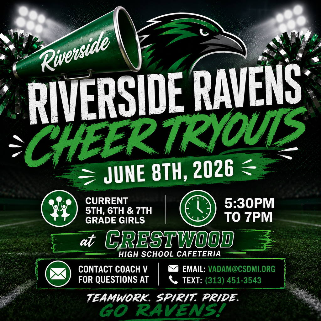 Poster for Riverside Ravens Cheer Tryouts on June 8th, 2026. Time is 5:30-7:00 PM at Crestwood High School Cafeteria. Contact Coach V for questions.