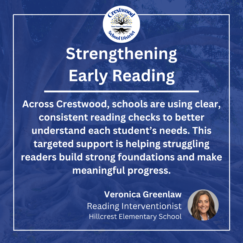 A blue graphic with the Crestwood School District logo at the top and a message about strengthening early reading skills. The text explains that schools across the district are using clear and consistent reading checks to better understand each student's needs, allowing educators to provide targeted support that helps struggling readers build strong foundations and make meaningful progress. The quote is attributed to Veronica Greenlaw, Reading Interventionist at Hillcrest Elementary School, with her headshot shown in the bottom corner.