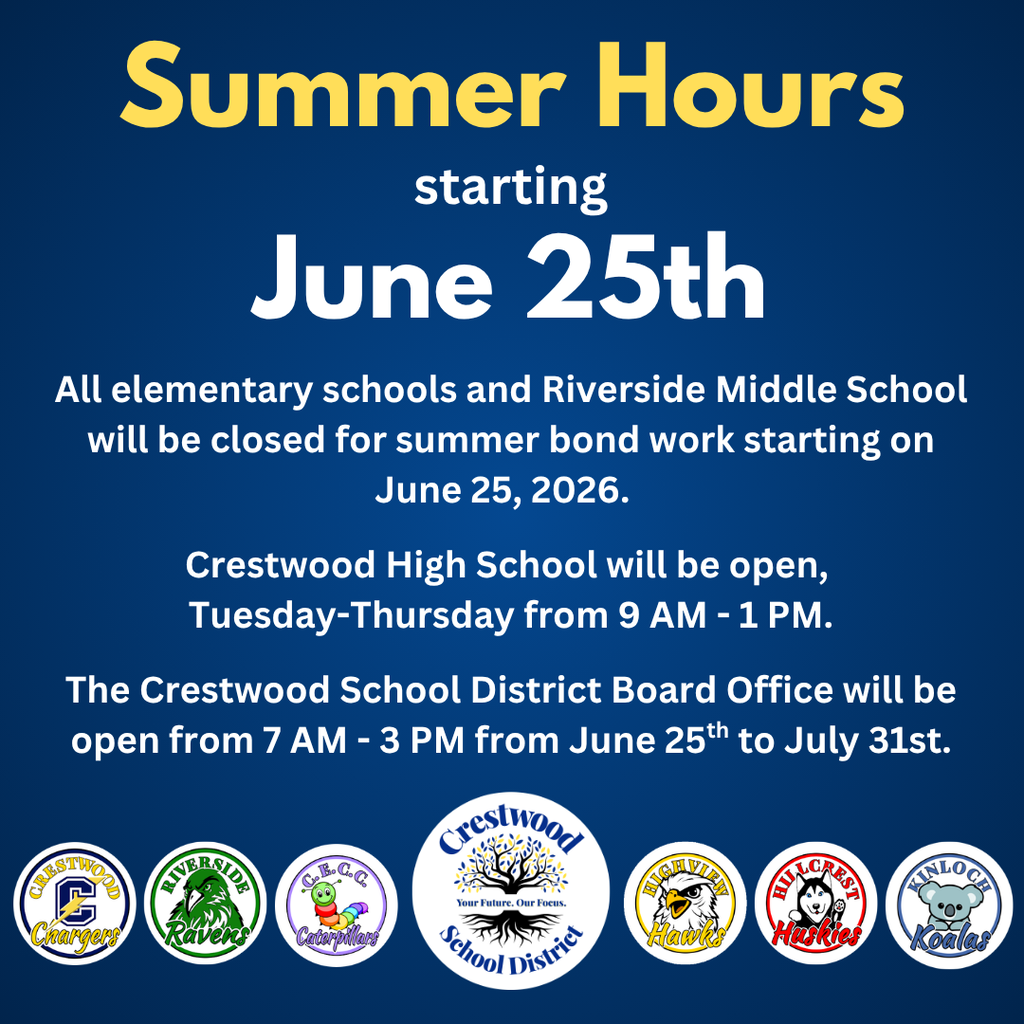 Blue background with white text. Text includes "Summer Hours starting June 25th". Schools will close for work on June 25, 2026.