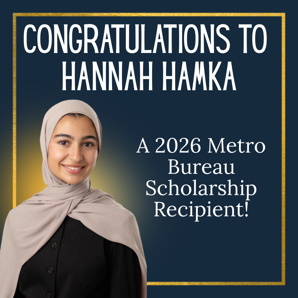 A congratulatory recognition graphic honoring Hannah Hamka for receiving a Metro Bureau Scholarship.  The graphic features a dark navy-blue background with a gold border framing the design. At the top, large white capital letters read:  “CONGRATULATIONS TO HANNAH HAMKA”  On the left side is a professional portrait of a young woman smiling at the camera. She is wearing a light beige hijab and a black top. A soft golden glow behind her portrait adds emphasis and celebration to the recognition.  On the right side, large white text reads:  “A 2026 Metro Bureau Scholarship Recipient!”  The overall design is formal and celebratory, recognizing Hannah Hamka’s academic achievement and scholarship award. The navy-and-gold color scheme conveys prestige and accomplishment while highlighting her recognition as a Metro Bureau Scholarship recipient for 2026.