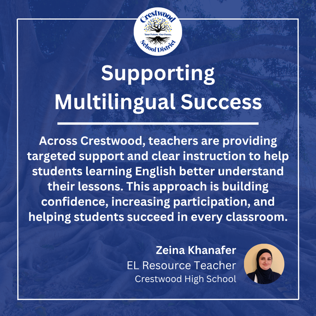 A blue graphic with the Crestwood School District logo at the top and a message about supporting multilingual student success. The text explains that teachers across the district are providing targeted support and clear instruction to help students learning English better understand their lessons, building confidence, increasing participation, and helping students succeed in every classroom. The quote is attributed to Zeina Khanafer, EL Resource Teacher at Crestwood High School, with her headshot shown in the bottom corner.