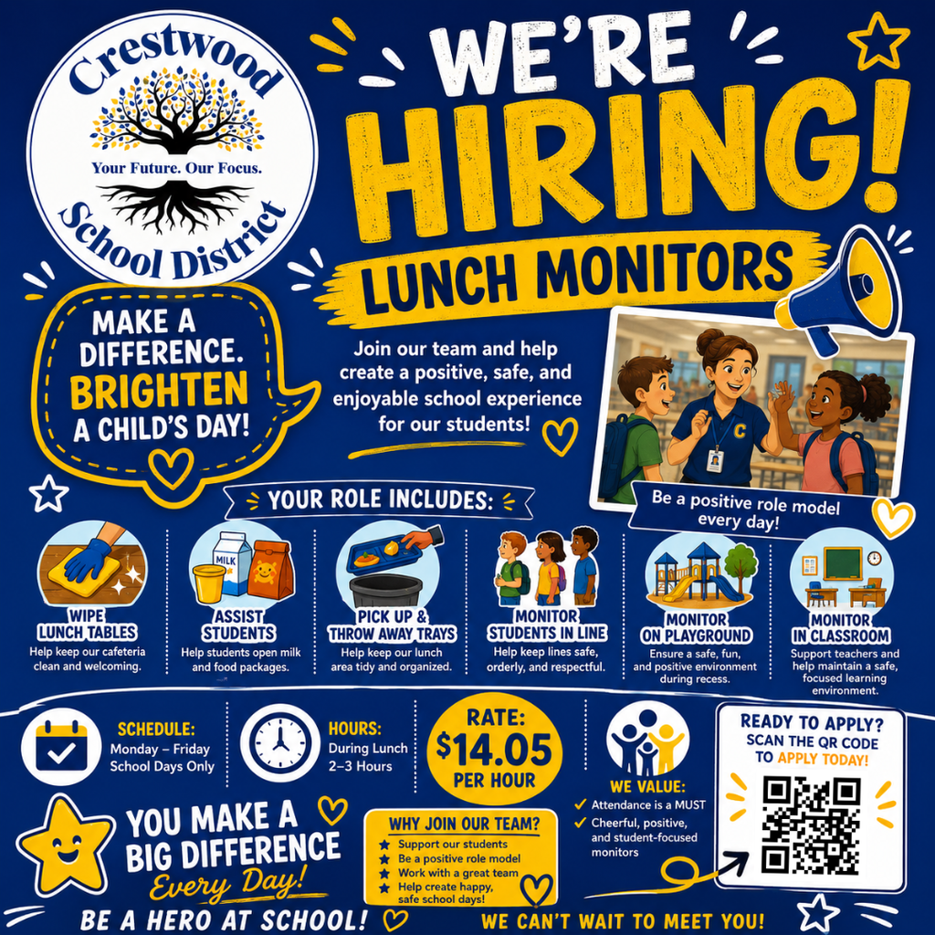 A colorful Crestwood School District recruitment flyer announces that the district is hiring lunch monitors. The flyer has a dark blue background with bold yellow and white text and the Crestwood School District logo in the upper left corner. The headline reads, "We're Hiring! Lunch Monitors." A speech bubble encourages applicants to "Make a Difference. Brighten a Child's Day!" An illustration shows a lunch monitor high-fiving two smiling elementary students with the caption, "Be a positive role model every day!"  A section titled "Your Role Includes" uses illustrated icons to describe responsibilities, including wiping lunch tables, assisting students with opening milk cartons and food packages, picking up and throwing away trays, monitoring students in line, supervising the playground during recess, and supporting teachers by monitoring classrooms.  The flyer lists the schedule as Monday through Friday on school days only, with lunch-hour shifts lasting two to three hours. The pay rate is $14.05 per hour. Additional highlights note that the district values dependable, cheerful, positive, and student-focused individuals. A "Why Join Our Team?" section emphasizes supporting students, serving as a positive role model, working with a great team, and helping create happy, safe school days. A QR code is included for applicants to apply, and the flyer closes with the message, "You Make a Big Difference Every Day! Be a Hero at School!" and "We Can't Wait to Meet You!"  Social Media Post:  Join the Crestwood School District team and make a difference in the lives of our students every day!  We're hiring Lunch Monitors to help create a safe, welcoming, and positive environment during the school day. This is a great opportunity to support students, work with an amazing team, and have a meaningful impact in our schools.  Position Highlights: • Monday–Friday (school days only) • 2–3 hour lunch shifts • $14.05 per hour  Scan the QR code on the flyer to apply today and become part of the Crestwood family. Together, we can help make every school day a great one! #CrestwoodDifference #NowHiring #JoinOurTeam #YourFutureOurFocus