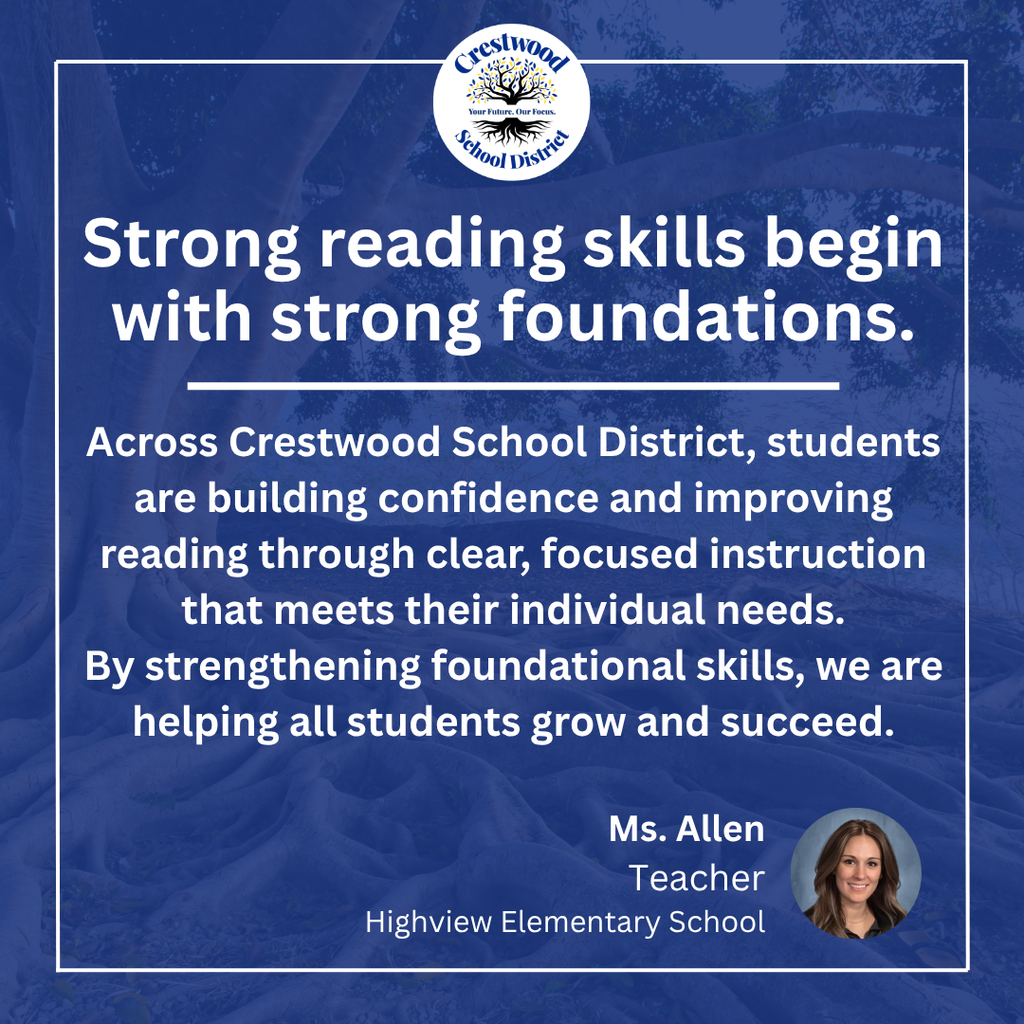 A blue graphic with the Crestwood School District logo at the top and a message about the importance of building strong reading foundations. The text explains that students across Crestwood School District are building confidence and improving their reading skills through clear, focused instruction tailored to their individual needs. It emphasizes that strengthening foundational reading skills helps all students grow and succeed. The quote is attributed to Ms. Allen, a teacher at Highview Elementary School, with her headshot shown in the bottom corner.