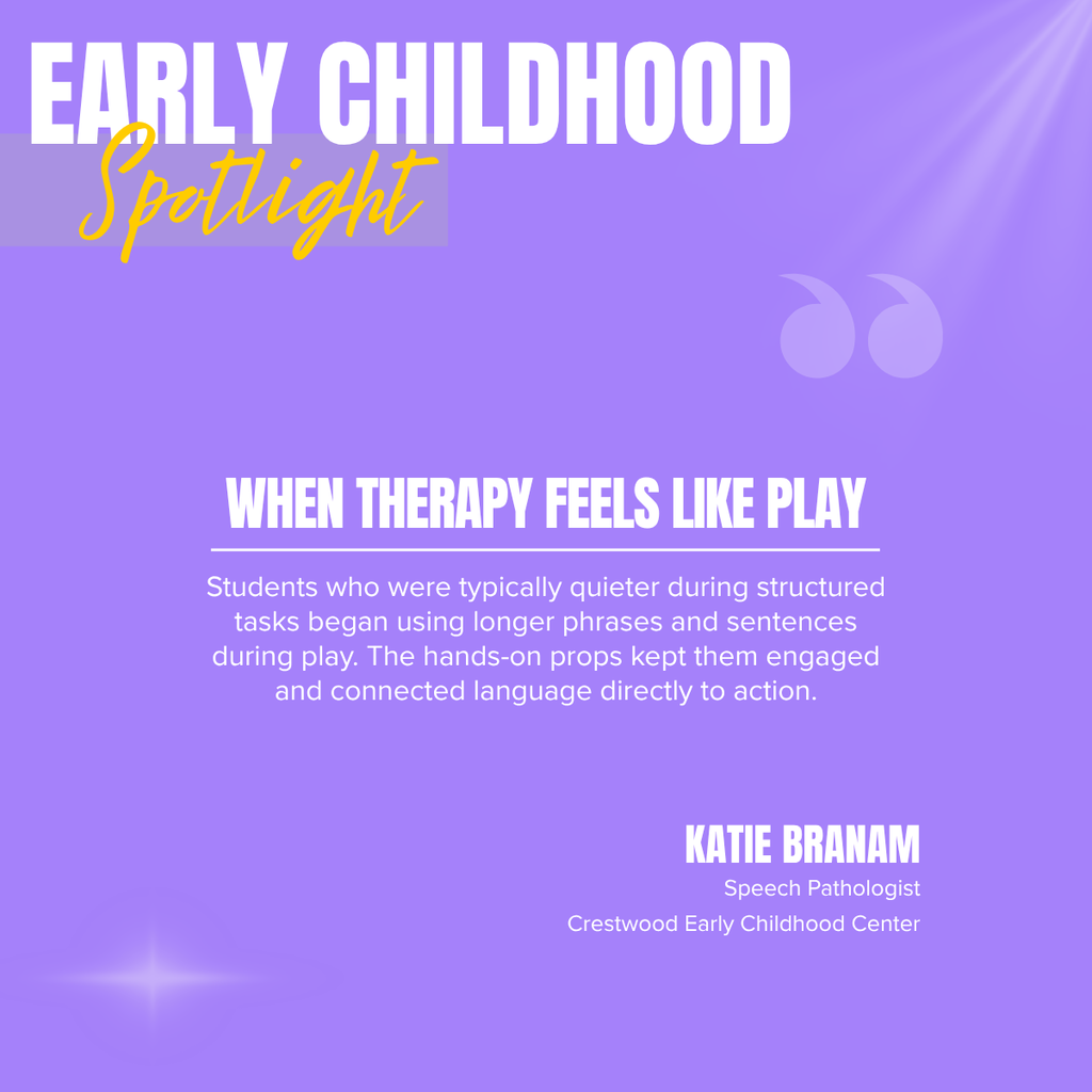 A square recognition graphic with a soft purple background features the title “EARLY CHILDHOOD Spotlight” in large white and gold text at the top left. Decorative light effects appear in the upper right and lower left corners, with a subtle quotation mark graphic in the background. Centered on the graphic is the headline, “WHEN THERAPY FEELS LIKE PLAY,” in bold white text. Below, white text reads: “Students who were typically quieter during structured tasks began using longer phrases and sentences during play. The hands-on props kept them engaged and connected language directly to action.” In the lower right, white text identifies Katie Branam, Speech Pathologist, Crestwood Early Childhood Center. The design highlights the impact of play-based speech therapy in encouraging language development, communication, and student engagement in early childhood learners.