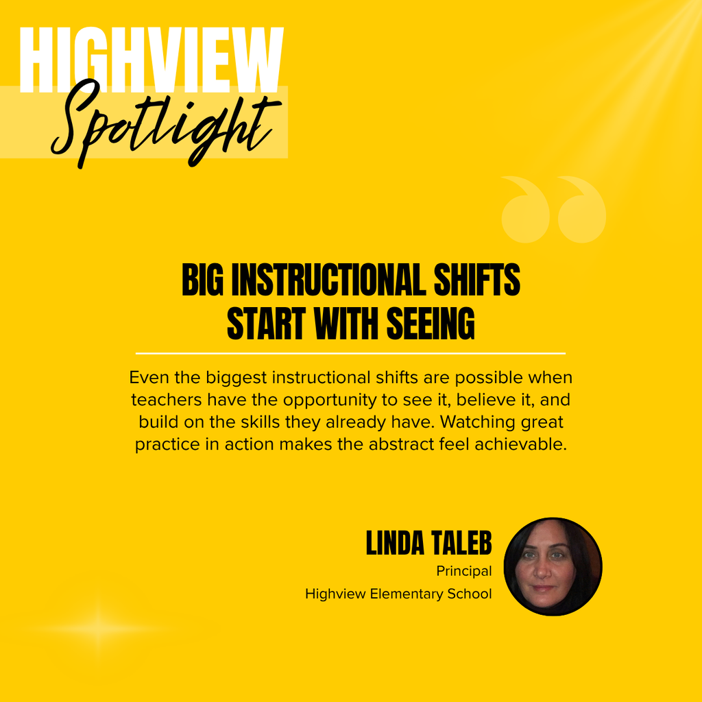 Highview Spotlight graphic on a bright yellow background featuring the message, “Big instructional shifts start with seeing.” Supporting text explains that teachers can make significant instructional changes when they have opportunities to observe effective practice, believe in what is possible, and build on their existing skills. The graphic features Linda Taleb, Principal of Highview Elementary School, with her headshot in the lower right.