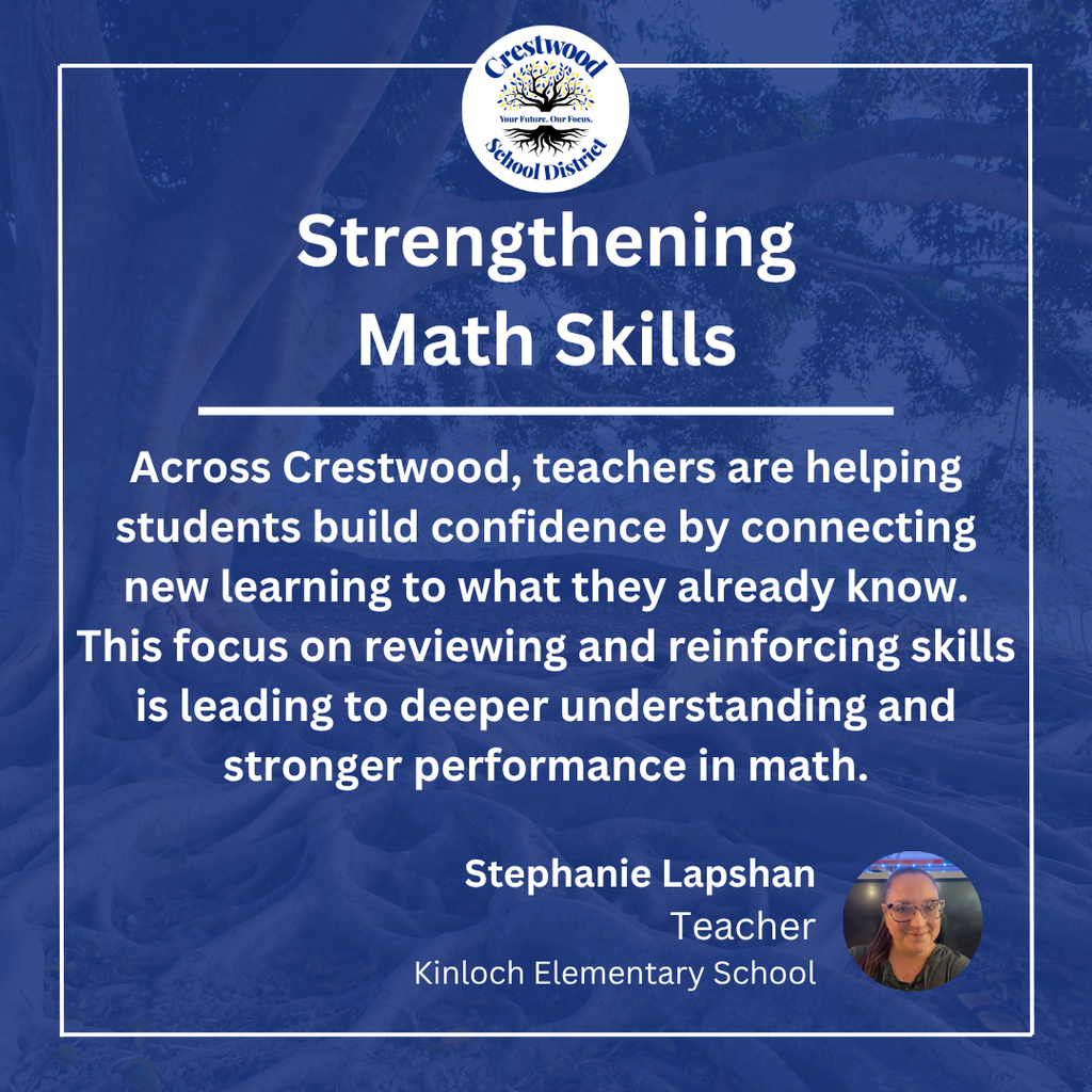 A blue graphic with the Crestwood School District logo at the top and a message about strengthening math skills. The text explains that teachers across Crestwood are helping students build confidence by connecting new learning to what they already know, with an emphasis on reviewing and reinforcing skills to develop deeper understanding and stronger math performance. The message is attributed to Stephanie Lapshan, a teacher at Kinloch Elementary School, with her headshot shown in the bottom corner.