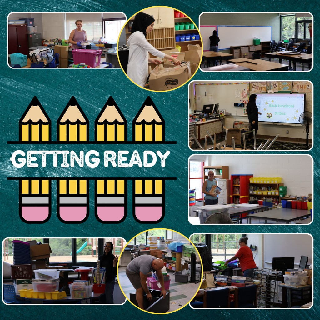 Getting Ready for Back to School collage featuring elementary teachers unpacking boxes, organizing classroom supplies, arranging desks and learning spaces, decorating bulletin boards, and preparing instructional materials as they get their classrooms ready to welcome students.