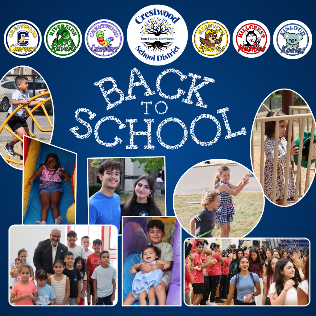 Back to School collage featuring students from across Crestwood School District enjoying playground activities, spending time with classmates and staff, smiling together, and celebrating the excitement of returning to school.