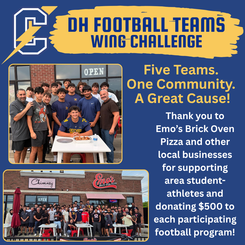 Crestwood High School football players and coaches participate in the Dearborn Heights Football Teams Wing Challenge at Emo’s Brick Oven Pizza. The graphic thanks Emo’s and other local businesses for supporting area student-athletes and donating $500 to each participating football program.