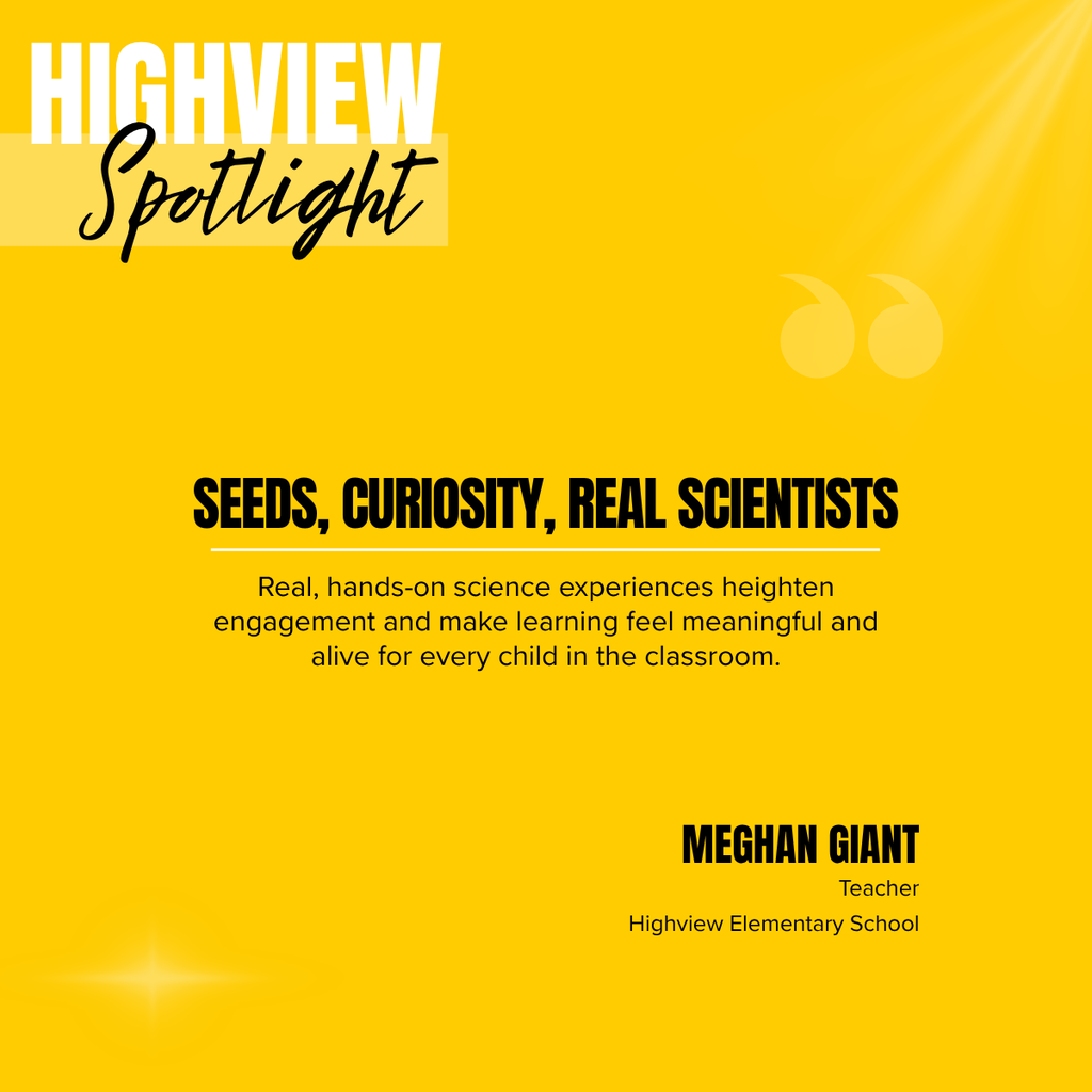 Bright yellow backdrop with black text. Header reads "HIGHVIEW SPOTLIGHT". Below are the words "SEEDS, CURIOSITY, REAL SCIENTISTS".