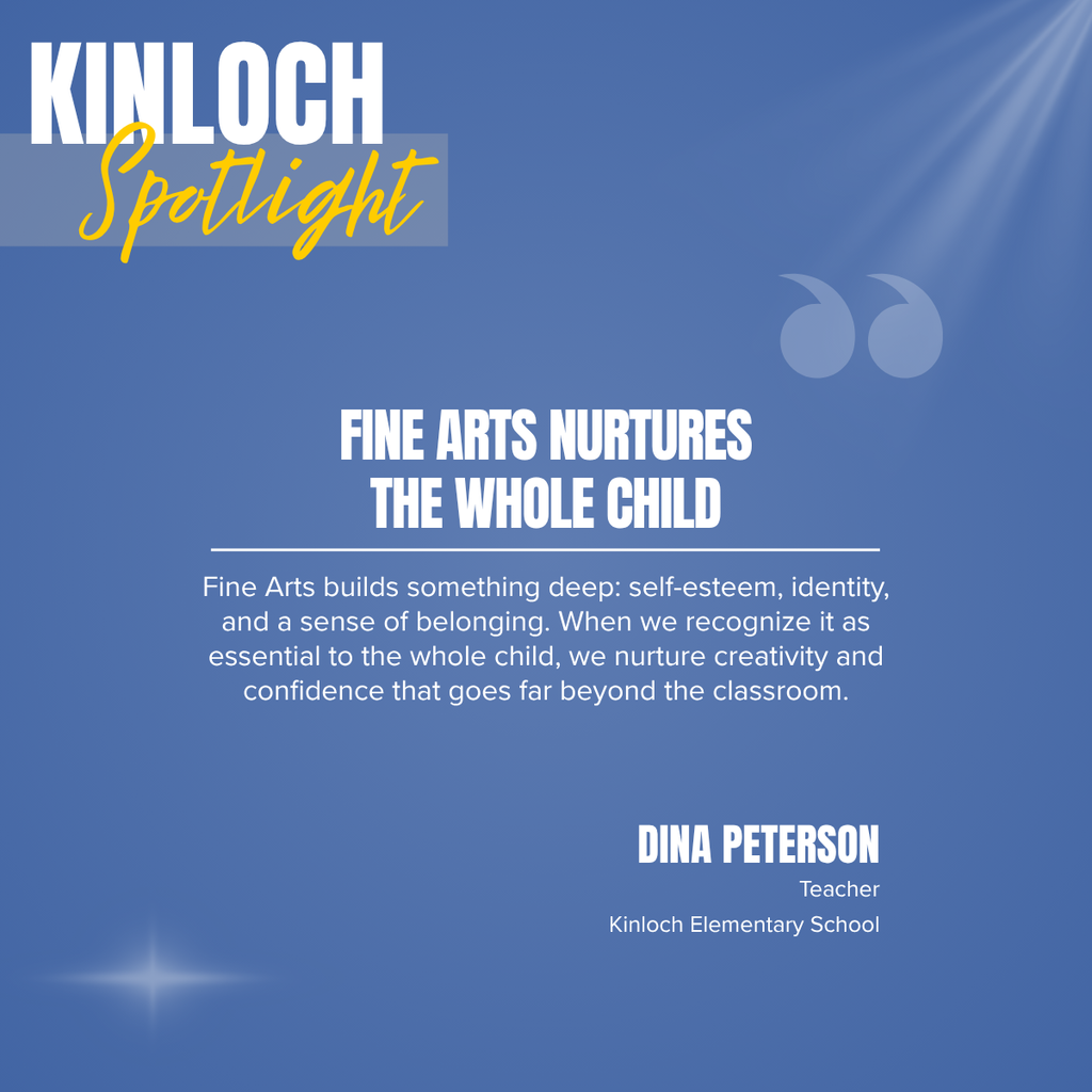 An advertisement featuring a blue background. "Fine Arts Nurtures the Whole Child" is written in bold. Dina Peterson, Teacher, is mentioned below.