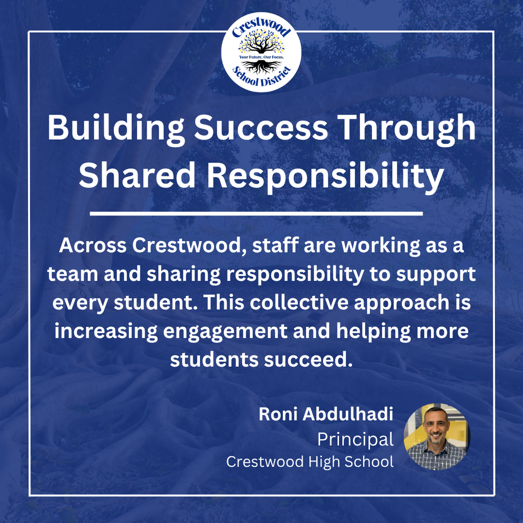 A blue Crestwood School District graphic featuring the district logo and the headline, “Building Success Through Shared Responsibility.” The message explains that Crestwood staff are working as a team and sharing responsibility to support every student, increasing engagement and helping more students succeed. The graphic features Roni Abdulhadi, Principal of Crestwood High School, with his headshot in the lower-right corner.