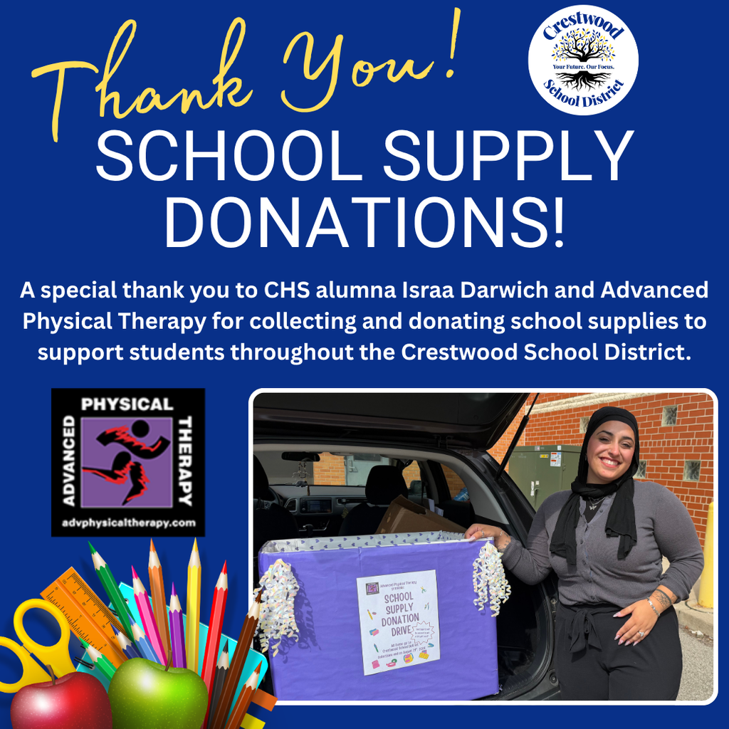 A poster thanks individuals for donating school supplies. It features a woman holding a donation box.