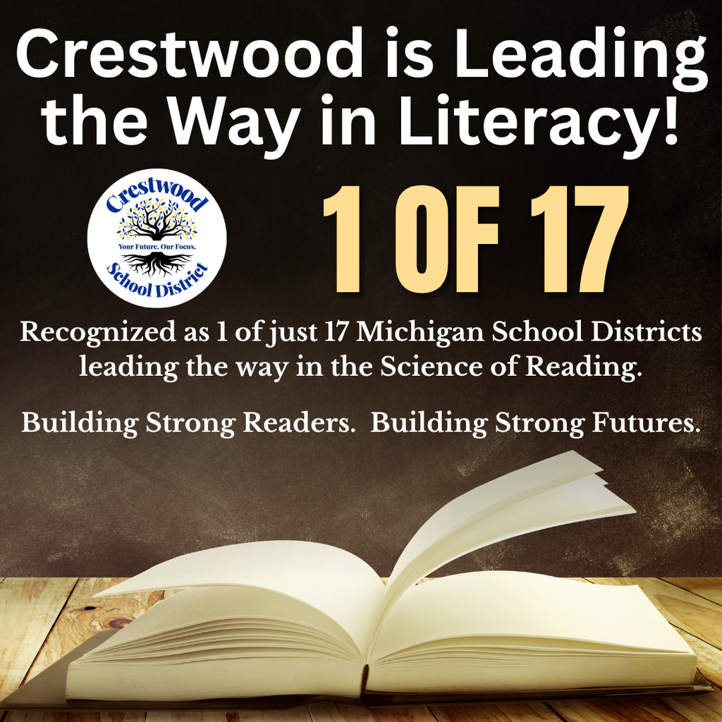 Open book on a wooden surface. Crestwood logo and "1 of 17" text. Background: Brown.