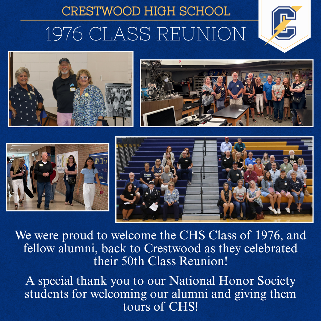 Collage of photos from the Crestwood High School 1976 Class Reunion, showing groups of people inside and outside the school.