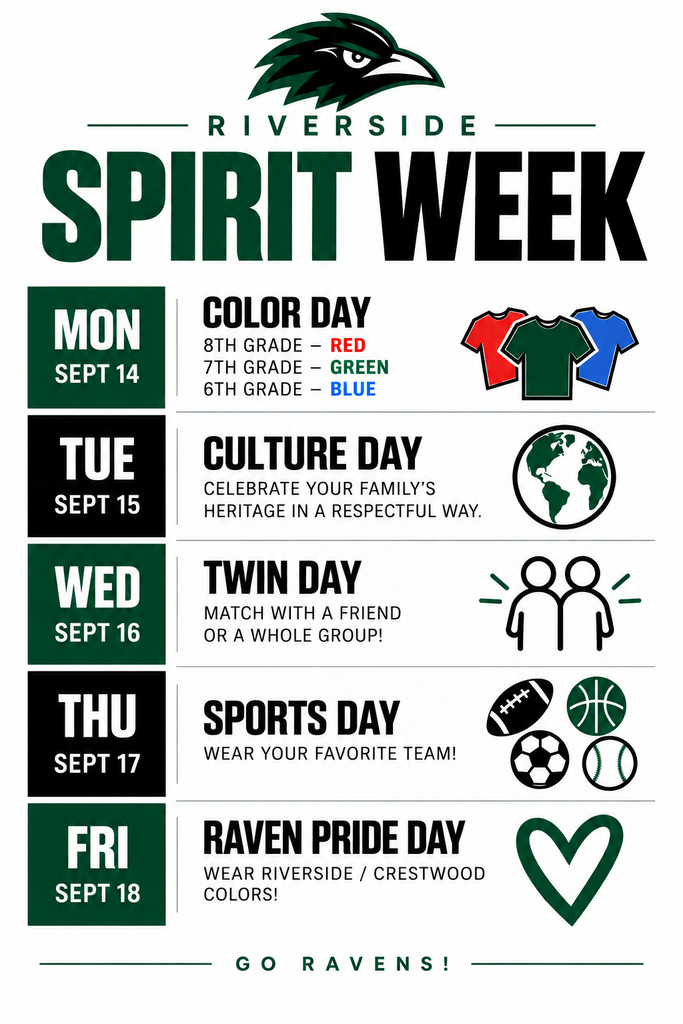 A schedule poster for Riverside Spirit Week lists events from Monday to Friday. Icons and color themes represent each day.