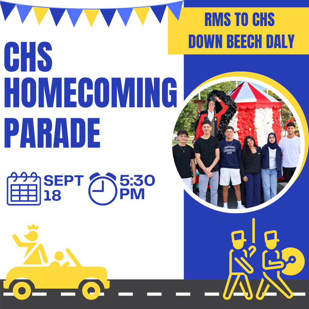 An advertisement for the CHS Homecoming Parade on Sept 18 at 5:30 pm. A photo of students with a float in the background.