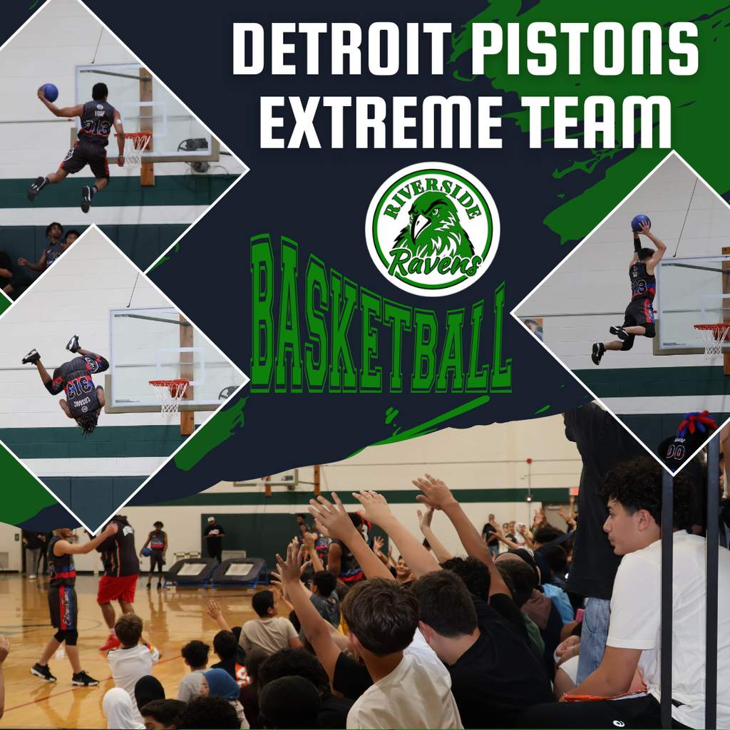Sports poster with basketball players in action. Caption reads "Detroit Pistons Extreme Team" with a logo.